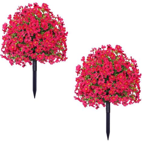2er-Pack künstliche Blumen mit Erdspieß, 60 x 40 cm, wetterfeste künstliche Sträucher für die Außendekoration, UV-beständige Balkonpflanzen aus Kunststoff für Balkon, Haustür, Garten, Hof, Rot (1/5)