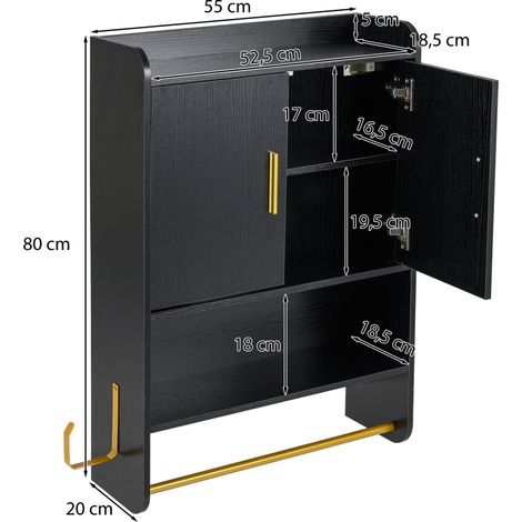 Meuble mural de salle de bain avec 2 portes, étagères réglables et amovibles, compartiment ouvert, meuble de toilettes mural, 55 x 20 x 80 cm - noir (1/3)
