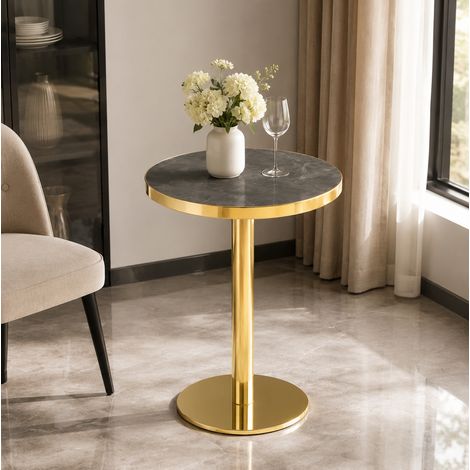 Tavolino rotondo grigio e oro in MDF con finitura effetto marmo e struttura stabile (1/5)