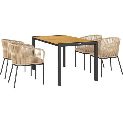 Ensemble jardin 5 pièces : 4 chaises, 1 table rotin synthétique cadre acier, coussins lavables, terrasse, kaki (1/5)