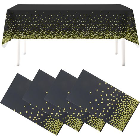 Lot de 4 nappes jetables noires et dorées, 137 x 274 cm, nappe rectangulaire, nappe d'anniversaire, nappe en plastique, adaptée pour fêtes, Halloween, Noël (1/5)