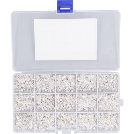 750 pièces diodes LED claires 3mm rouge jaune bleu vert blanc lot avec boîte de rangement (1/5)