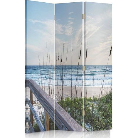 Paravent Déco Océan: Plage & Dunes pour Intérieur Zen - 110 x 180 cm - 1 face déco, 1 face noir