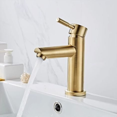 Basin faucet, modern, elegant design, single-lever basin mixer in brushed gold brass, hot and cold water available, ceramic valve. YMYNY (1/4)