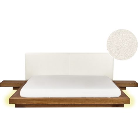 Cama moderna 180 x 200 cm con plataforma con LED mesitas de noche cabecero de bouclé madera de fresno natural Zen