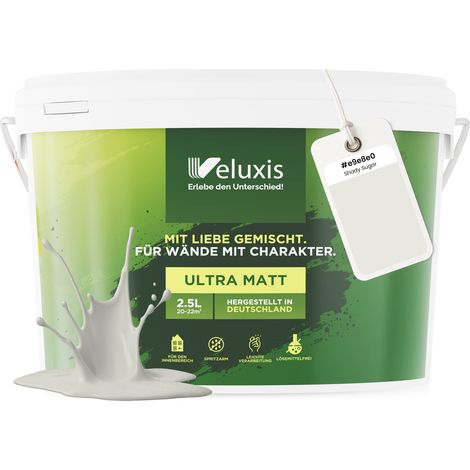Peinture murale gris clair, beige, crème, mate, pour intérieur – Pouvoir couvrant classe 1, sans COV, sans apprêt, anti-gouttes – Salon et chambre – 2,5 L – Veluxis (Shady Sugar)