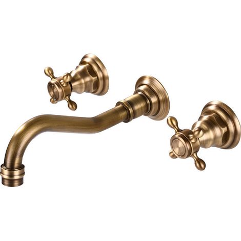 [NIEMALS VERWENDET] Antiker Wasserhahn aus Messing zur Wandmontage, 360° schwenkbarer Badezimmerhahn, wandmontierter Waschtischhahn für kaltes/warmes Wasser (Gold)