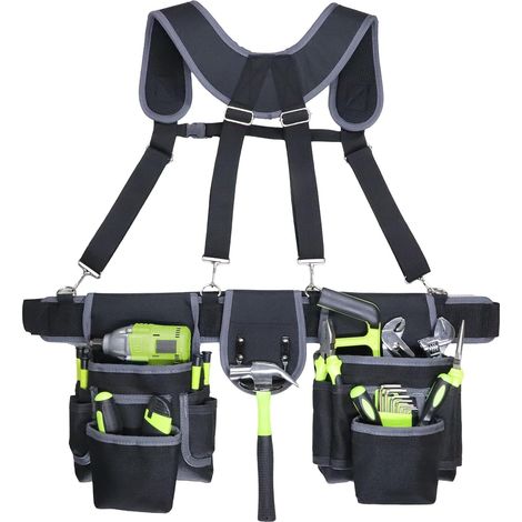 FLITI Werkzeuggürtel mit Hosenträgern, abnehmbarer und verstellbarer Werkzeuggürtel, kombinierte Hänge-Werkzeugtasche, Werkzeuggürtel mit 12 Taschen und Hammerhalter für Elektriker und Schreiner (1/4)