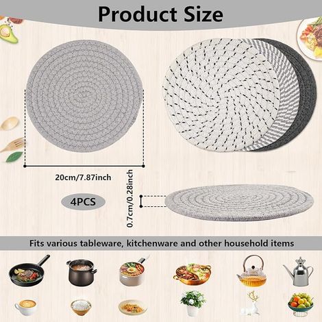 dessous de plat - 20 cm - En coton - Fil de coton - Ronds tressés - Pour casseroles, poêles et assiettes (1/2)