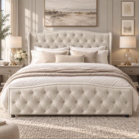 Lit Double Rembourré 140x200 avec Coffre, Lit 2 Personnes avec Coffre de Rangement Hydraulique, Tête de Lits Capitonné, Sommier à Lattes, Cadre de Lits pour Adultes et Ado, Velours (Beige) (1/5)
