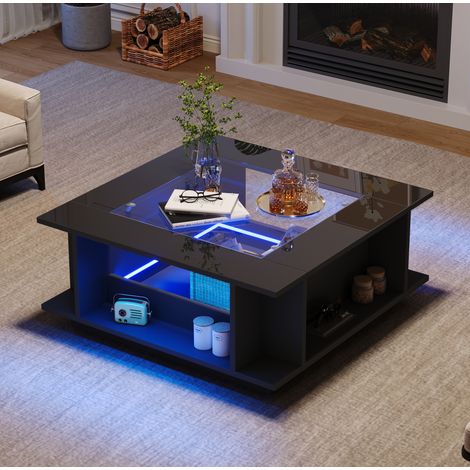 Tavolino da caffè 70x70x30 cm nero in pannelli di particelle con vetro, finitura lucida, LED e contenitori (1/5)