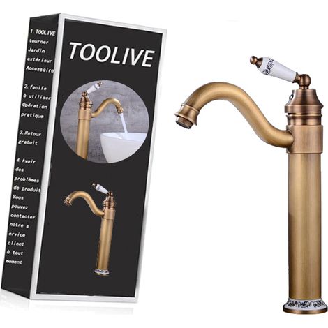 Victorian Bathroom Basin Mixer Tap, Mono High Rise Basin Tap for Countertop, Tall Traditional Sink Faucet with Ceramic Lever, 360° Swivel Spout, Classic Taps, Retro Style, Antique Brass (1/5)