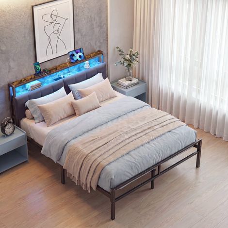 Lit Double en Métal 160 x 200 cm, Tête de Lit Rembourrée avec Rangement, LED et Prise USB, Chambre, Noir et Marron (1/5)
