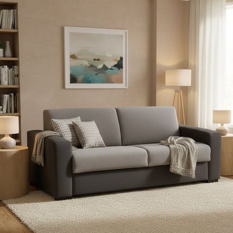 Talamo Italia Sofa cama Algisa, Gran Sofá de 2 plazas, 100% Made in Italy, Sofá de salón con apertura giratoria, en tela acolchada, con reposabrazos delgados, Cm 180x95h90, Gris y Antracita, con embal (1/5)