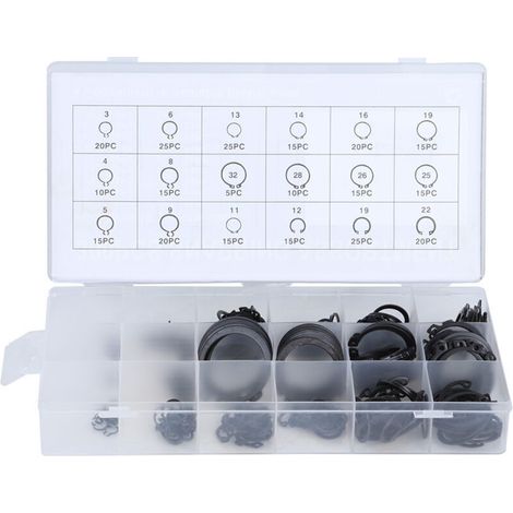 Pince circlips, 300pcs 2-32mm Kit de bague lastique E-Clip Kit de bague de retenue pression externe Assortiment de bague de retenue externe Noir (1/4)