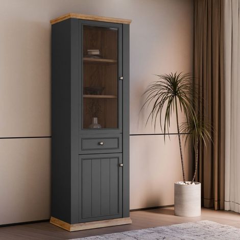 Vetrina Essenza 1 Anta Vetro e 1 Anta con Cassetto grigio scuro e Rovere 202 cm – Stile Classico (1/5)