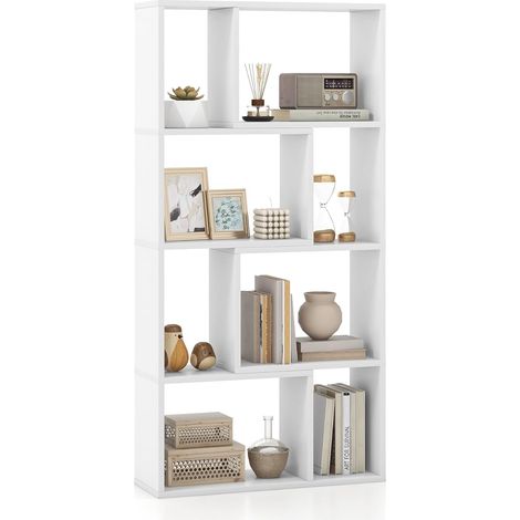 COSTWAY Libreria Geometrica a 4 Ripiani, Organizzatore Moderno con 8 Cubi, Mensola Espositiva a Pavimento, Mobile di Stoccaggio in Legno per Soggiorno Camera da Letto Studio, 60x20x120 cm (Bianco) (1/5)