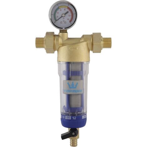 Préfiltre à eau Lavable et réutilisable Filtre à eau pour sédiments Robinet Purificateur d'eau Préfiltre à osmose Acier inoxydable 60 microns, avec manomètre (1/5)
