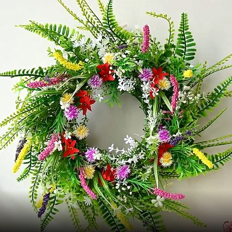 Couronne artificielle de fleurs sauvages du Texas, idéale pour le printemps et l'été. À suspendre à la porte. Fleurs séchées et préservées. Décoration murale pour le salon. 40 cm.