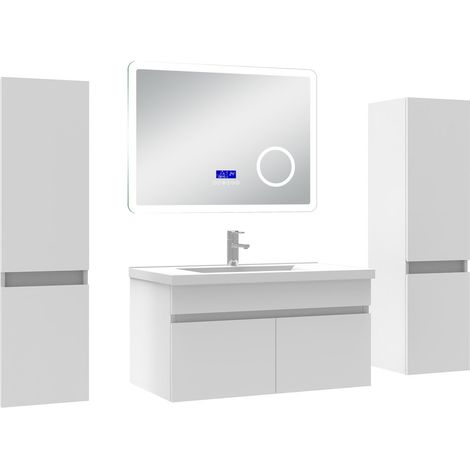 Ocean Ensemble meuble 80 cm, lavabo céramique simple + 2 colonnes + Miroir salle de bain Bluetooth avec 3 couleurs dimmable, blanc à suspendre