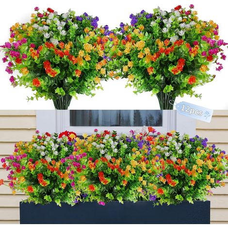 12 Stück Kunstblumen Draußen, Künstliche Blumen wie echt, Künstliche Pflanzen Blumen Wetterfest, Fake Blumen, Deko Plastik Blumen für Balkon Garten Balkonkasten Außen Innen 6 Farben