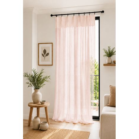 Rideau Ajustable Double Gaze de Coton 140 x 300 cm avec 8 Anneaux Pince GAÏA Rose guimauve – Hauteur Modulable