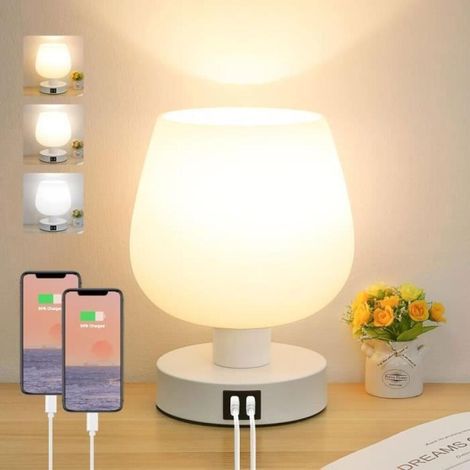Lampe de Chevet Tactile - Blanc - Intensité Variable 3 Voies - 2 Ports USB - Ampoule LED Incluse (1/4)
