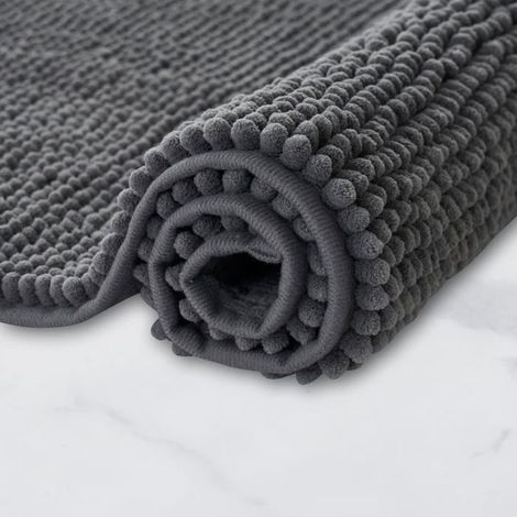 Ecleanfy - Tapis de Bain Chenille Antidérapant 40x60cm - Super Absorbant et Lavable Machine - Pour Salle de Bain et Douche - Gris Foncé (1/5)