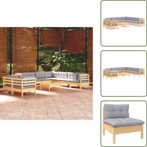 10-tlg. Garten-Lounge-Set mit Grauen Kissen Massivholz Kiefer - Gartenmöbeln - Lounge Set - Gartenmöbel Set - Kiefernholz Möbel - Outdoor Furniture (1/5)