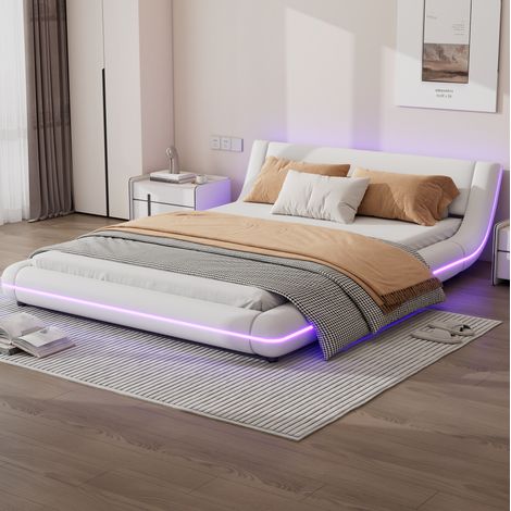 Letto basso 140 x 200 cm con LED ambientale, PU e MDF, bianco OKWISH (1/5)