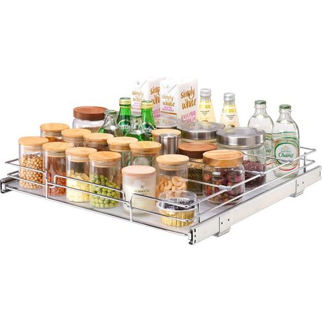 Acier Chromé Panier Coulissant Placard Rangement sous Évier 1 Étage Tiroir Coulissant Cuisine Tablette 537x533x85mm (1/5)