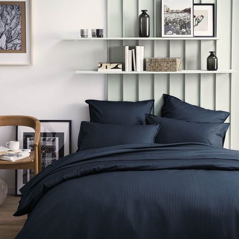 Housse de Couette Unie en Satin de Coton, 260x240cm, Bleu Marine (1/4)