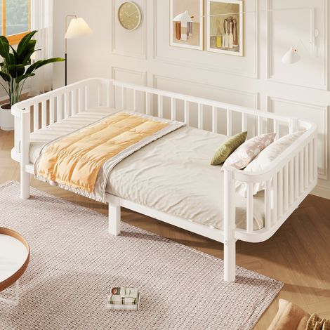 Lit banquette 1 place 90 x 200 cm en métal blanc, sommier à lattes en acier renforcé, cadre bas avec côtés ouverts, pour chambre et salon (1/5)