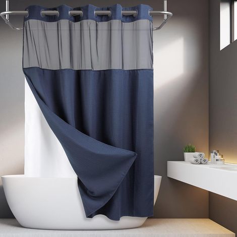 Lntyq Rideau de douche en tissu gaufré sans crochet avec doublure à boutons-pression - 71 l x 74 h, qualité hôtelière, rideau de bain de type spa, bleu marine