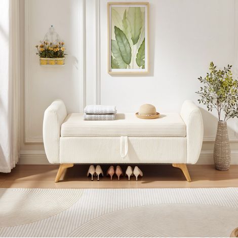 Banco de pana plegable con almacenaje y patas de madera 145 x 51 x 57 cm beige (1/5)