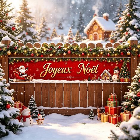 Decoration Noel Exterieur Bannière Joyeux Noël 300 x 50 cm, Decoration Noel Murale, Noel Decoration Interieur, Deco Noel pour Maison Jardin Clôture, Rouge Avec Père Noël Sapin Bonhomme de Neige (1/5)