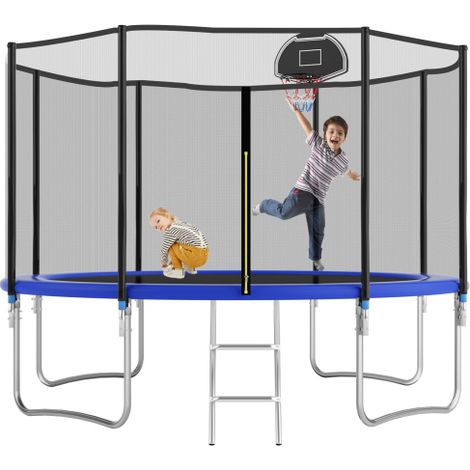 12FT Outdoor Trampoline with Basketball Hoop, Safety Net, Ladder for Kids and Adults, Supports Up to 150kg, Blue Color