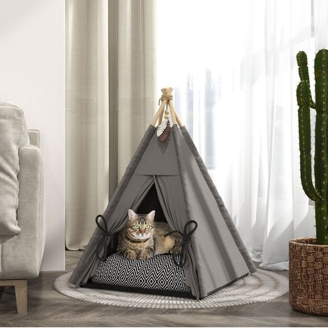 Tienda tipi para gato con cojín lavable, base antideslizante, 60 x 60 x 76 cm, gris HAVRYA (1/5)