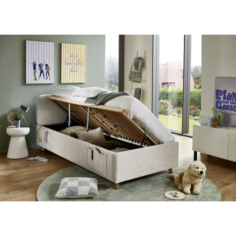 Meise Möbel Stauraumbett Cosy 90x200 cm Bettkasten & Lattenrost (Federholzrahmen) USB Strukturstoff Beige Holzfuß eichefarbig (1/5)
