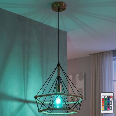 Lampada a sospensione a soffitto dimmerabile in corda di canapa Lampada a sospensione Telecomando in un set con lampadine LED RGB (1/5)
