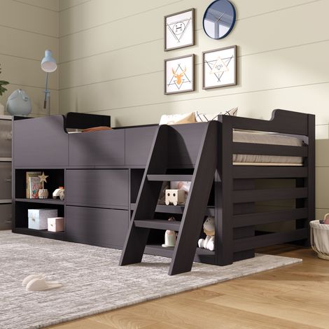 Wooden Mid Sleeper Bed Frame with Storage Drawers and Shelf-3ft Single(90x190cm)