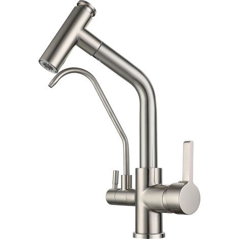 Grifo mezclador de cocina S-giant de 3 vías con rociador extraíble y 2 caños, giratorio 360°, de latón, para fregadero de cocina con agua potable, compatible con diversas formas (níquel cepillado). (1/5)