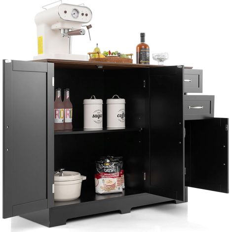 Goplus – Buffet de cuisine noir – Armoire de rangement avec 2 placards et 2 tiroirs – Étagère réglable 3 positions – Construction solide en MDF (1/5)