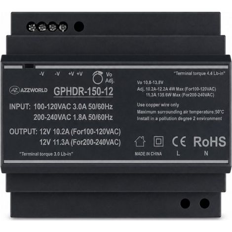 Alimentatore Trasformatore Da Guida Barra DIN 150W, 6 Moduli, Serie HDR-150, Disponibili DC 12V 24V (DC 12V)
