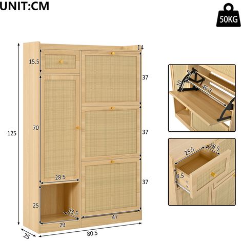 Meuble à chaussures en rotin avec 3 rabats, 1 tiroir et 1 porte, meuble de rangement multifonctionnel pour entrée, salon et petits appartements, 80,5 × 25 × 125 cm (1/4)