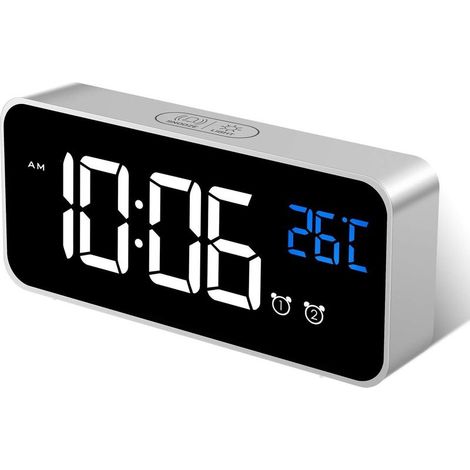 Réveil Numérique,Horloge Digitale Réveil Miroir LED Aver Température/Snooze/ 2 Alarme,Luminosité et Son Réglable,Activation Sonore,Charge des Ports USB,Argent (1/5)