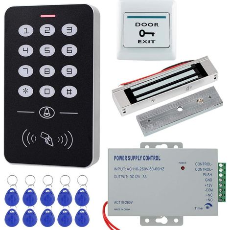 Kit Système Contrôle d'accès RFID Set Contrôleur d'accès + Serrure Magnétique électrique 180KG / 350lbs + Alimentation + 10pcs cartes porte-clés RFID pour système de sécurité de porte (1/5)