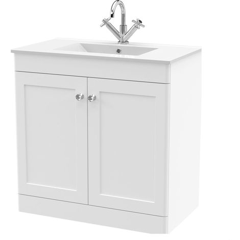 Swynnerton Traditional 2 Door Floor Standing Vanity Unit with Basin, Satin White, 800mm