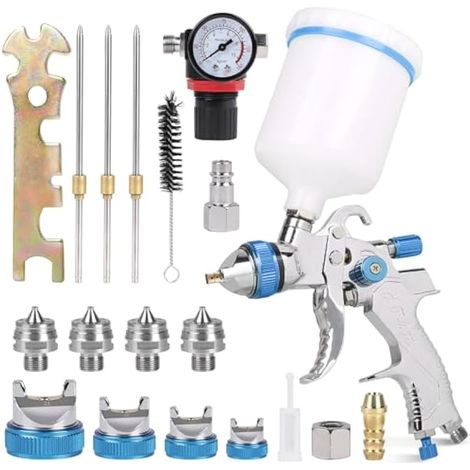 Pistolet à peinture HVLP 1,4/1,7/2,0/2,5 mm avec godet de 600 ml, 4 buses et régulateur de pression d'air pour voiture, meubles et bricolage. (1/5)