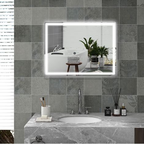 Espejo LED de baño 80 x 60 cm, regulable, antivaho, con memoria, plateado DESVIAE (1/5)